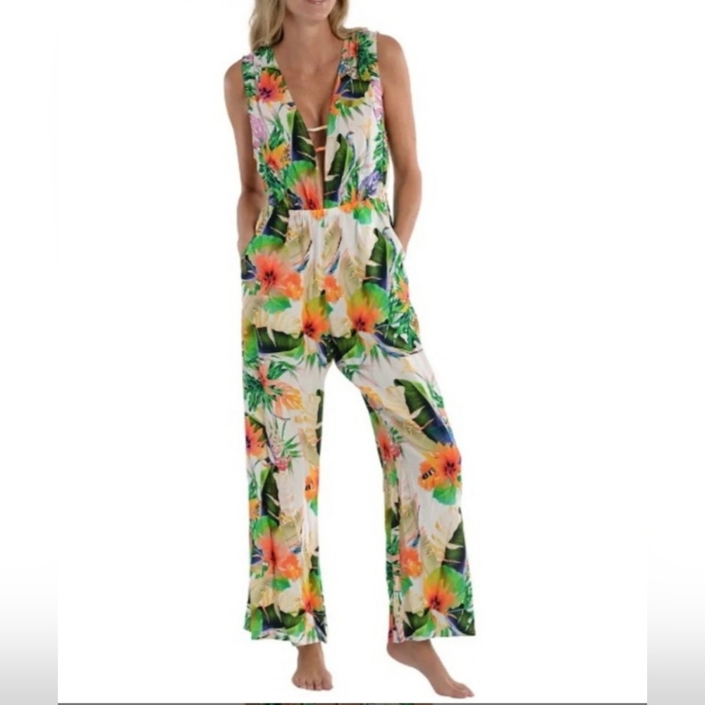 Jumpsuit Mynah Floral Tropical Hibiscus Print Wide Leg Summer Vacation Resort